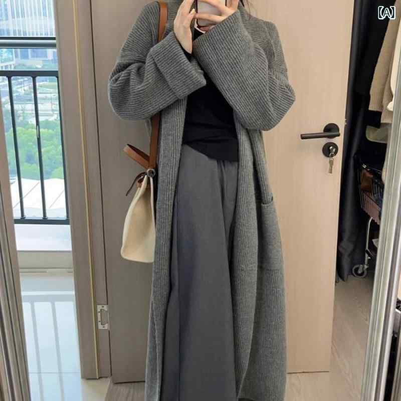 秋冬 女性用 ニット カーディガン ロング丈 長袖 暖か アウター ゆったり スタイル 切り替え デザイン
