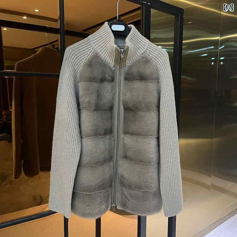 レディース 秋冬 カシミアニット ミンクファー 切り替え 毛皮 コート スタンドカラー ジャケット 高級感 暖か 保温 豪華 トップス