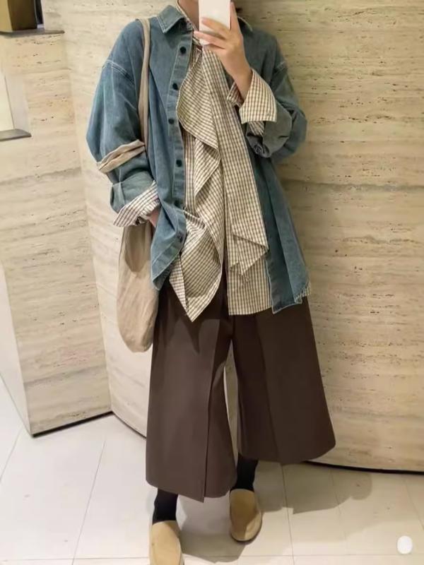レディース チェック柄 スカーフ付き シャツ トップス レトロ ゆったり デザイン 韓国風 おしゃれ スタイリッシュ カジュアル