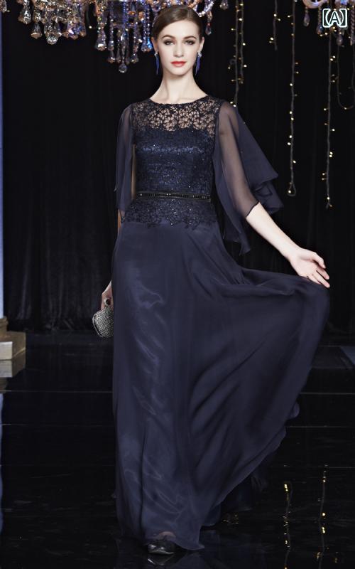 パーティードレス ロング丈 レディース ママ用 スリムフィット フレアスリーブ フォーマル 誕生日パーティー 結婚式 装い 大きいサイズ 伸縮性 接触冷感 再生繊維 ブラック ピンク系 アイボリー 高級感 普段使い 軽量|SEIYUショップ