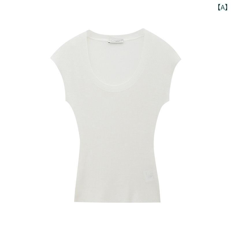 レディース 夏 ニット Tシャツ Uネック ストライプ スリムフィット 半袖 トップス 軽量 伸縮性 吸湿速乾 ブラック ピンク系 アイボリー カジュアル 普段使い