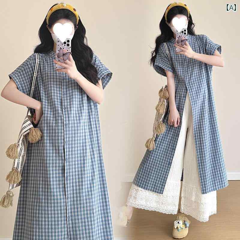 マタニティウェア 夏の 綿 リネンの ロング チェック 柄 シャツレースワイドレッグパンツホットママ