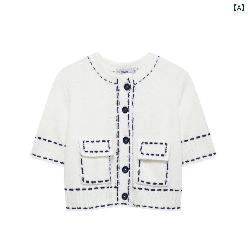クロス ボーダー新 商品 女装 2025 欧米 ファッション 手配 ライン 飾り 半袖 ニットカーディガンショートコート