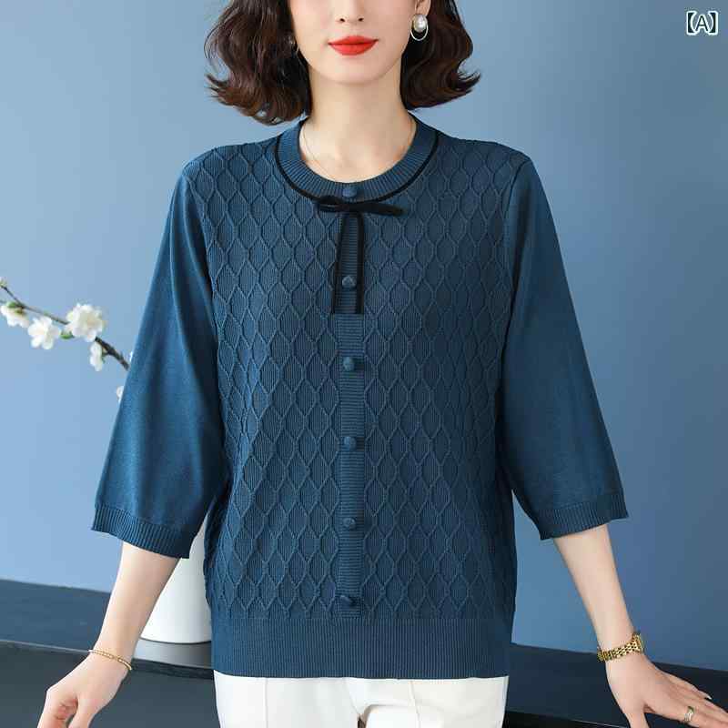 中年 ママ 春夏 薄手 ニット 冷感 Tシャツ レディース ゆったり 大きいサイズ 洋 プルオーバー 七 分 袖 トップス