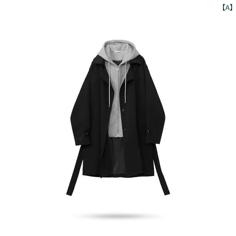 トレンチコート メンズ フード付き スウェット 切り替え 中長丈 春秋 ゆったり ワイド ビッグシルエット カジュアル スタイル 軽量 吸湿速乾 通勤 普段使い