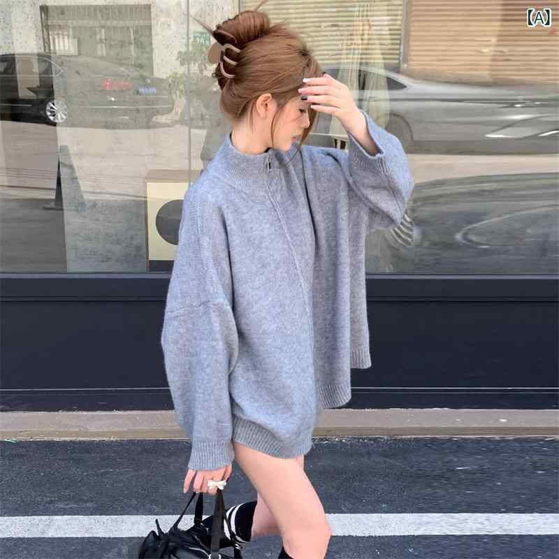 馬鹿でかい大いさ 立 襟の ゆったり した 長袖の 編み物の ジレーの 厚地の外套の レディース 潮と 秋型の双 チャックの ティーシャツの 厚地の外套の お上さん服