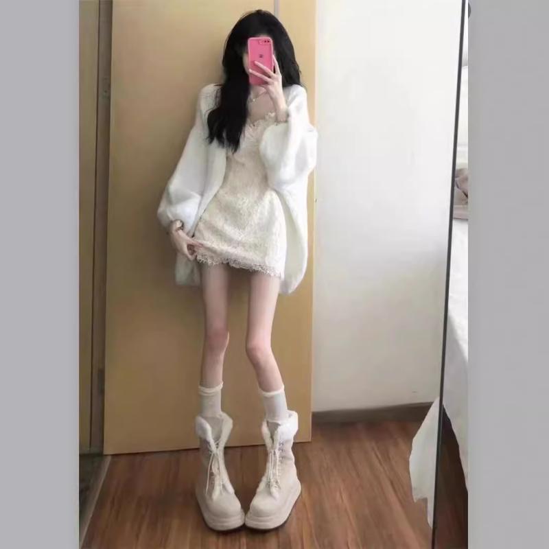 ワンピース レディース レース キャミソール セクシー フェミニン 秋冬 インナー ショートスカート ニット セーター リラックス スタイル 2点セット ソフト 素材 軽量 伸縮性