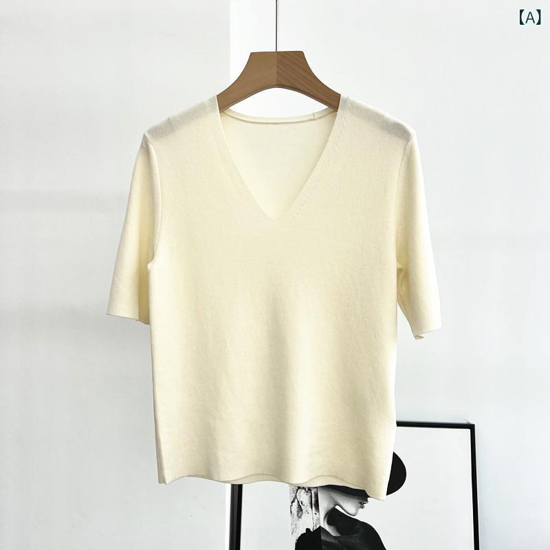 レディース 夏 Tシャツ プルオーバー Vネック 短袖 無地 シンプル ストレート 伸縮性 薄手 シルク ニット トップス 接触冷感 吸湿速乾 軽量 カジュアル 普段使い