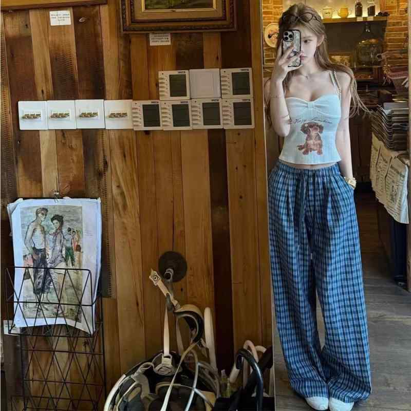 レディース パンツ チェック柄 春夏 伸縮ウエスト スリム効果 ストレートシルエット フィット 性 カジュアル 軽量 綿混 普段使い