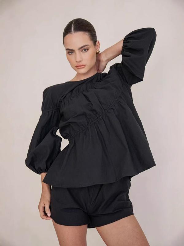 セットアップ レディース チュニックブラウス ショートパンツ 上下セット パフスリーブ ボリューム袖 ティアード切替五分袖ハーフパンツウエストゴム無地大人かわいいフェミニンシンプルベーシック定番スタンダードナチュラルカジュアルシンプルベーシック定番