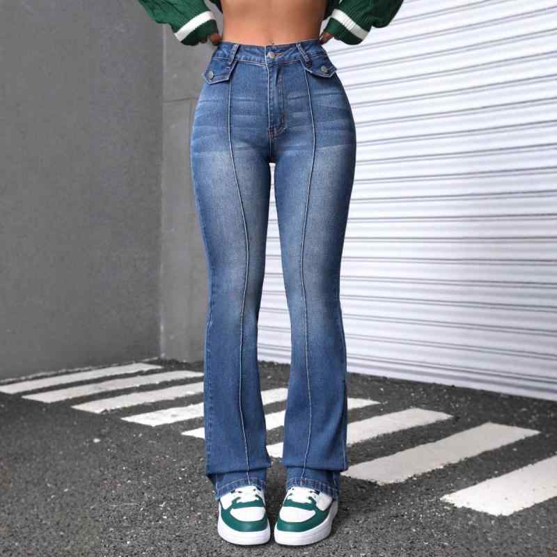 デニムパンツ レディース フレアパンツ ジーンズ ラッパズボン ウォッシュ加工 ストレッチ 伸縮性 ハイウエスト 脚長 美脚効果 スリム ベルボトム ボトムス ロング丈 シンプル ポケット付き 無地 通勤 通学 デイリー ブルー 紺