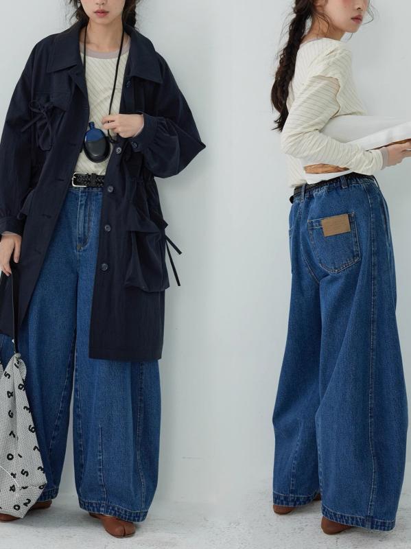 レディース デニムパンツ 伸縮腰 ワイドレッグ 灯籠 ゆったり フィット カジュアル 普段使い ジーンズ ボトムス