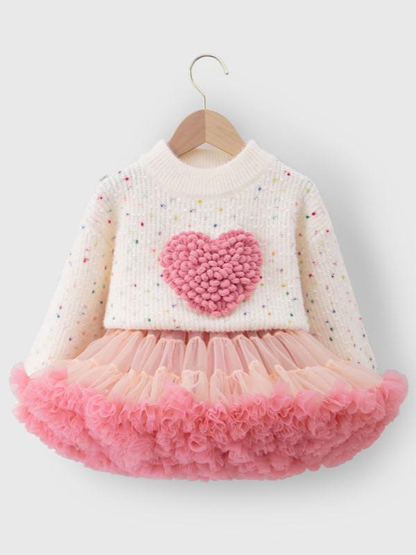 セットアップ 女の子 ニットワンピース 子供服 立体ハート 2点セット セーター 長袖 チュニック 伸縮性 柔らかい肌触り カジュアル 幼稚園 小学校 通園 通学 入園式 卒園式 発表会 七五三 結婚式 行事用 お出かけ ギフト プレゼント 春秋冬