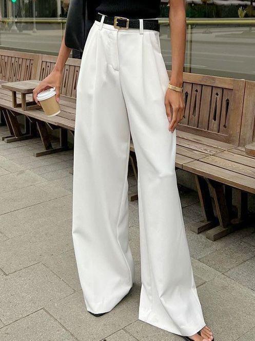 ワイドパンツ レディース 白色 高腰 ロング丈 通勤 カジュアル