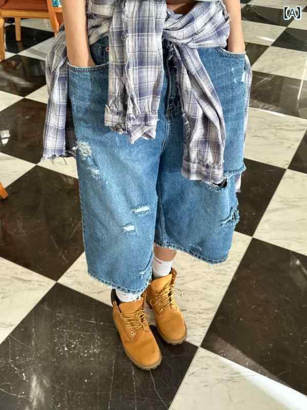 デニムパンツ レディース ハイウエスト ダメージ加工 フィット スリム効果 ゆったりシルエット 夏用 カジュアル ストレッチ素材 ブルー系