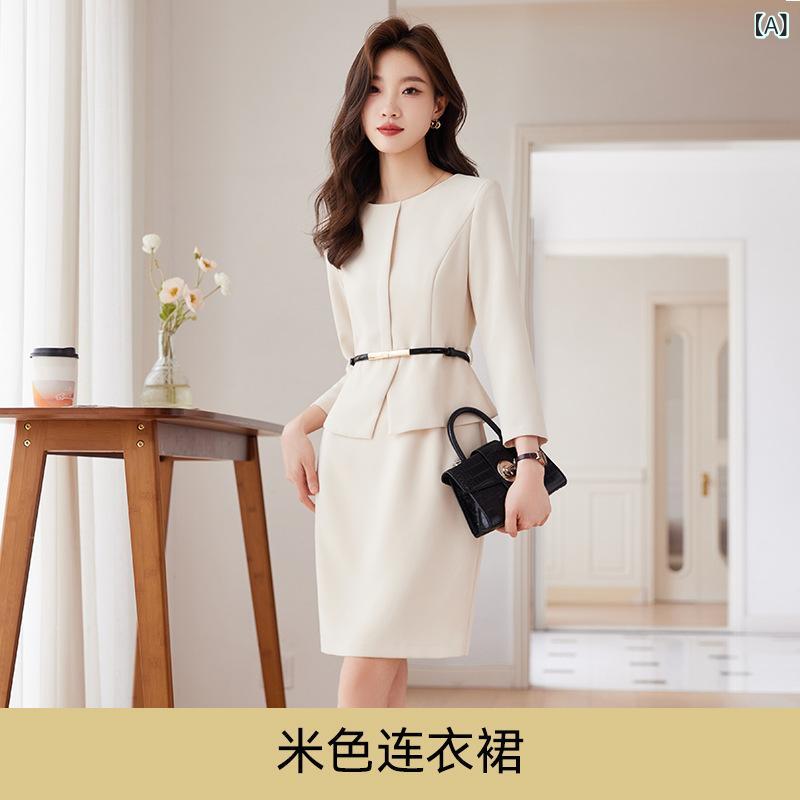 ワンピース 女性用 アイボリー 高級感 ビジネス 通勤 スリムフィット スタイルアップ フォーマル ドレス 職業服 受付用 司会者向け 軽量 伸縮性 綿混 ハイネック Vネック 膝丈 膝下丈 ピンク系 ベージュ系 春夏 秋冬 通年使用 8,368円