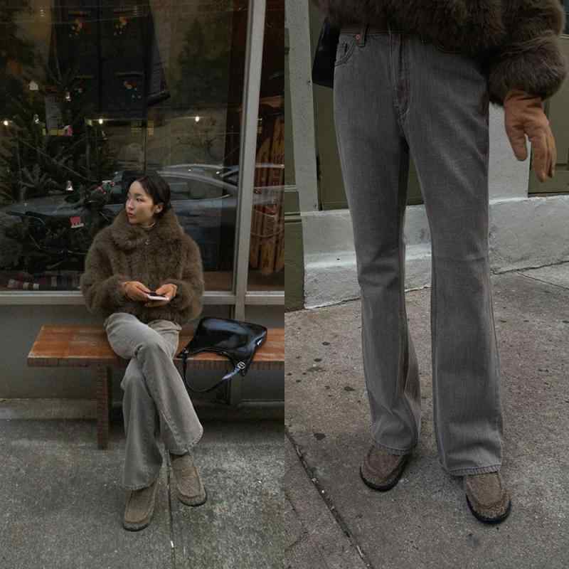 レディース 秋冬 ビンテージ加工 ロング丈 ミディアムフレア デニムパンツ カジュアル 普段使い ストレッチ 素材 デニム生地 ハイウエスト 女性向け ジーンズ ボトムス