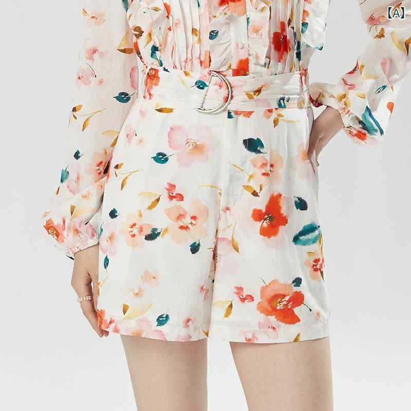 レディース ショートパンツ 花柄 ハイウエスト Aライン ベルト付き スリム 接触冷感 夏用 軽量 伸縮性 再生繊維 ピンク系 カジュアル 普段使い