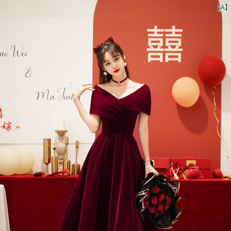 イブニングドレス 新婦用 結婚 婚約 敬酒 一文字肩 妊婦対応 お腹カバー 小柄向け ゆったりシルエット ワインレッド フォーマル 女性用 パーティー 礼服