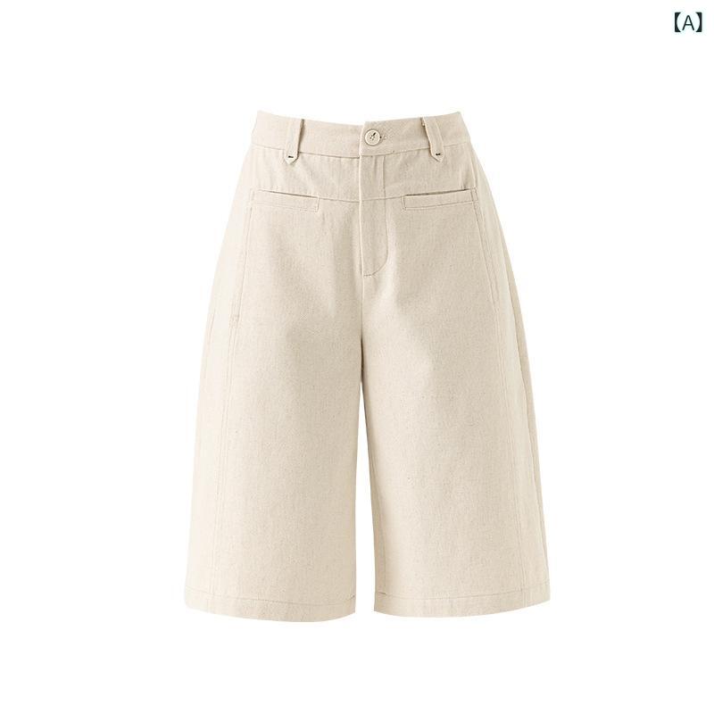 レディース コットン リネン ワイドレッグ ハーフパンツ 夏用 薄手 ゆったり スリム ゴムウエスト 快適 ナチュラルカラー 軽量 普段使い