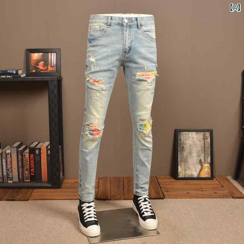 メンズ 秋 レトロ ライトカラー ダメージ デニムパンツ ストレッチ スリムフィット テーパードレッグ スクレイプ パッチ カジュアル ロングパンツ 綿混 普段使い 細身シルエット 軽量 吸湿速乾