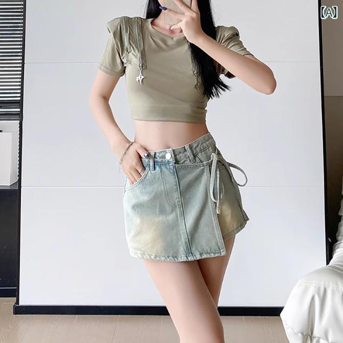 レディース デニム スカートパンツ ハイウエスト ゆったり フィット 夏用 細見え 防透け ヒップハグ 包み込み ジーンズ ショーツ 女性用 軽量 伸縮性 吸湿速乾 通勤 普段使い カジュアル|SEIYUショップ