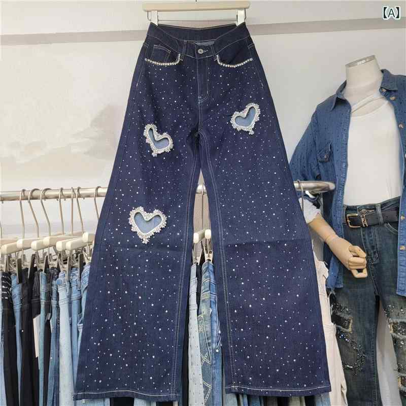 パンツ レディース 夏 デニム ワイドレッグ ストレート ディストレス 透かしハート ジルコニア スタッズ ビーズ ドレープ感 カジュアル 伸縮性 軽量 通勤 普段使い