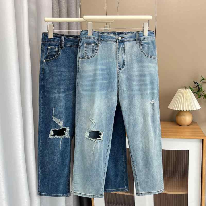 レディース 春夏 大きめサイズ デニムパンツ ゆったり ディストロイ加工 薄手 伸縮性 クロップド丈 カジュアル ボトムス ジーンズ 普段使い 軽量 再生繊維 ミックス