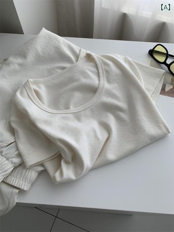 Tシャツ 女性用 夏用 グラスグリーン Uネック 無地 レトロ スリム 正肩 短袖 伸縮性 インナー 白肌効果 トップス 普段使い 軽量 吸湿速乾