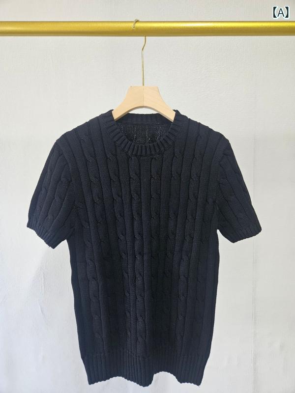 春夏 女性用 クラシック 刺繍 キャンディカラー ツイスト編み クルーネック 短袖 プルオーバー ニットセーター トップス 軽量 伸縮性 普段使い