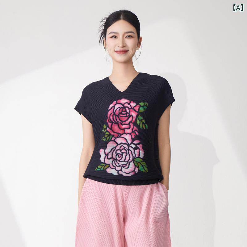 Tシャツ レディース ゆったり 大きめサイズ 花柄プリント Vネック プリーツ加工 カジュアル 通勤用 合わせやすい 短袖 トップス 夏用 軽量 伸縮性 吸湿速乾