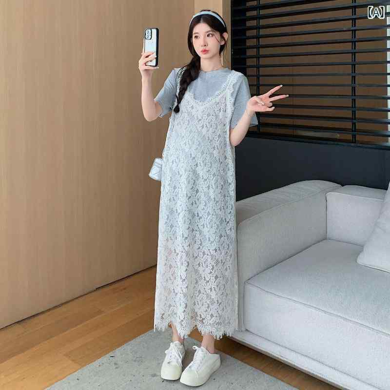 妊婦 服 2 点 セット スカート 夏 カジュアル 半袖 t シャツ 重ね 着 レース 透かし 彫り ストラップミディアムロングワンピース