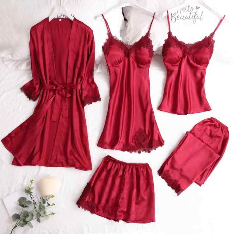 パジャマ レディース セクシー 5点セット レース 接触冷感 薄手 吊り帯 スリップ ガウン ロングパンツ 春秋 リラックス 寝間着 吸湿速乾 軽量 かわいい