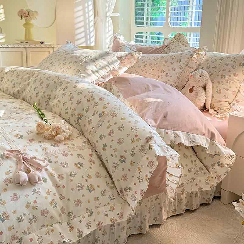 寝具 キッズ 女の子 プリンセス 綿100% 4点セット 蝶結リボン レース縁 かわいい 柔らかい 肌触り 快適 寝心地 コットン ソフト ガーリー 日常使い｜SEIYUショップ