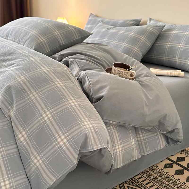 寝具 男性用 秋冬 コットン 4点セット シンプル プレウォッシュ 掛け布団カバー ベッドシーツ 枕カバー 柔らかい 肌触り 吸湿性 通気性 ベッドルーム インテリア