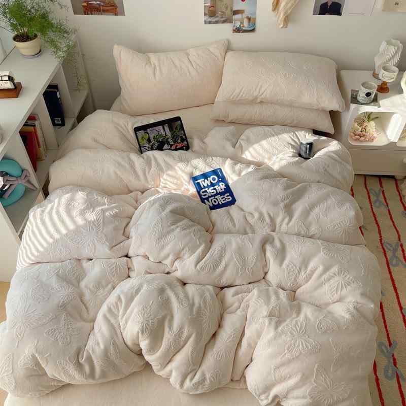 寝具 冬用 保温 4点セット コーラルフリース ウサギ毛 両面起毛 掛け布団カバー ベッドシーツ 枕カバー 柔らか 暖か 吸湿 速乾