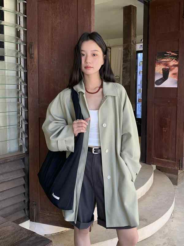トレンチコート レディース 春 韓国 シンプル ゆったり 襟 中長丈 アウター 軽量 伸縮性 吸湿速乾 通勤用 普段使い ブラック ピンク系 アイボリー