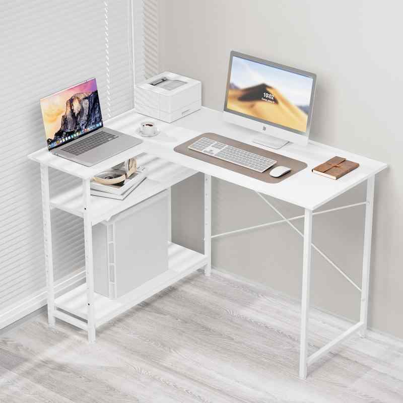 MIYOKI L字デスク 幅110×奥行48×高さ75cm 左右入替え PCデスク コーナー型 ゲーミング 収納ラック付き 棚板高さ調節可能 テレワーク 在宅勤務 学習机 省スペース ワーク 作業机 シンプル オフィ