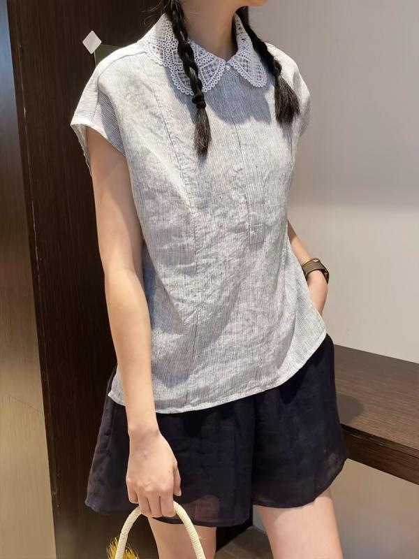 トップ レディース リネン スピード競技 うつり変わり 夏 旗がしら捩り 吸湿速乾 軽さ 通気性 好いたらしい トップス お上さん用 麻原料品 パステル色の
