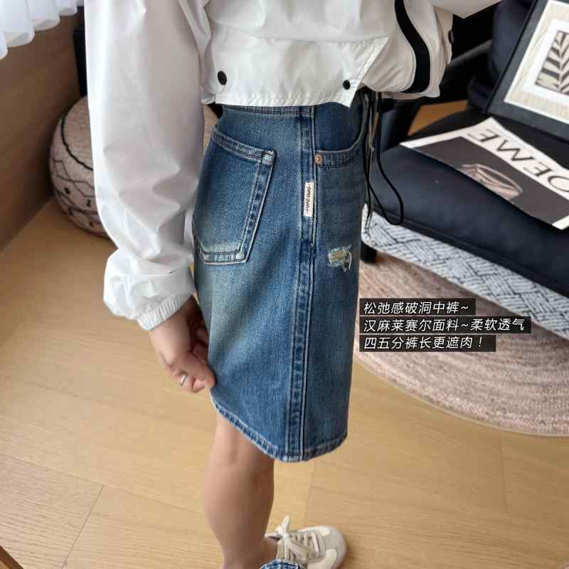レディース デニム ショーツ 夏用 麻 再生繊維 ライセル 混紡 ダメージ加工 薄手 5分丈 ワイドレッグ 細見え カジュアル 普段使い