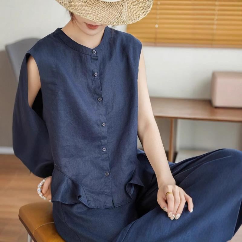 ブラウス レディース 無袖 夏用 フリル ラウンドネック 若見え おしゃれ デザイン トップス カジュアル スタイル 軽量 伸縮性