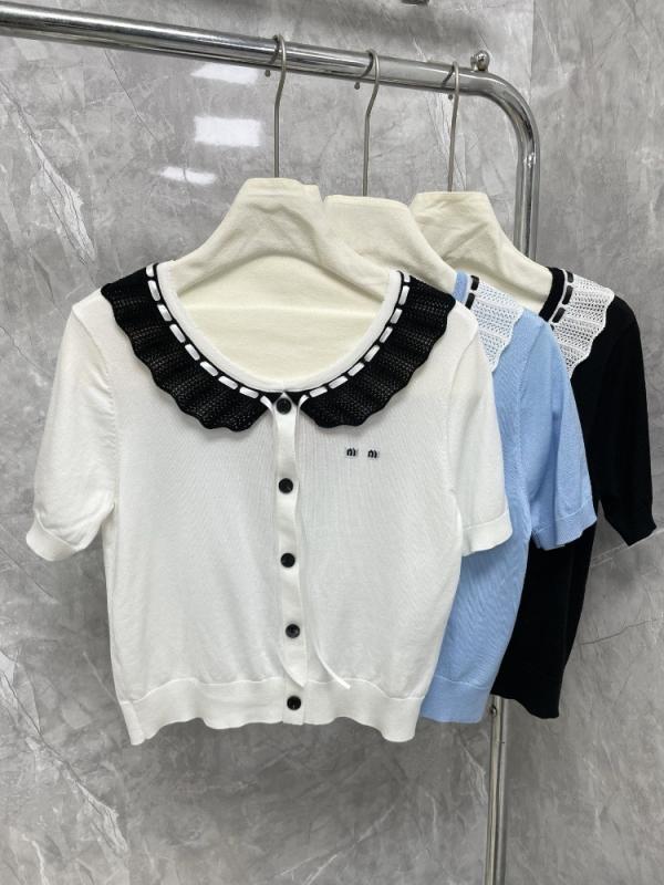 レディース 春夏 編み物 トップス スピード競技 フラウンス 紐付き 文字 刺しゅう お人形さん色合い 短袖 心地好い 女子らしい ガーリー 表現スタイル パステル色の 原料品 伸縮性