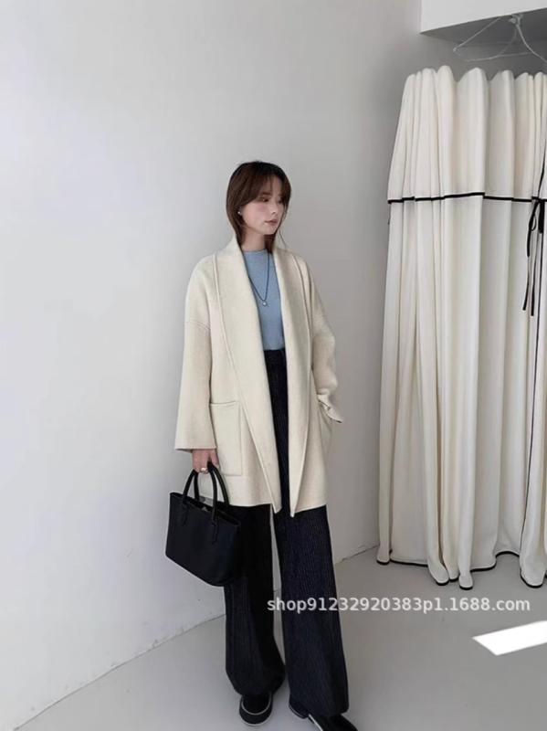 レディース ローブコート 中長丈 ダブルフェイス ウール ワイドシルエット 高級感 ゆったり 快適 アウター 秋冬 カジュアル