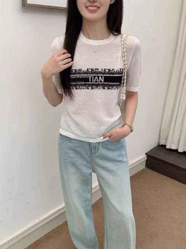編み物 ティーシャツ レディース 短袖 蝶柄 ジャカード織り 御膳上等感 雅びやか 今めかしい カクテルドレスルー 薄っぺら 夏用 トップス カットソー 軽さ パステル色の 普段使い
