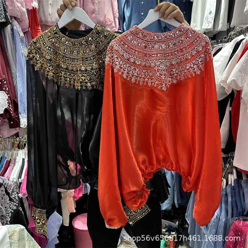 シャツ 女性用 フランス宮廷風 スパンコール ビーズ デザイン ラウンドネック ルーズ トップス 上品 カジュアル 日常使い 伸縮性 素材 コットン 混 ブラック ピンク アイボリー
