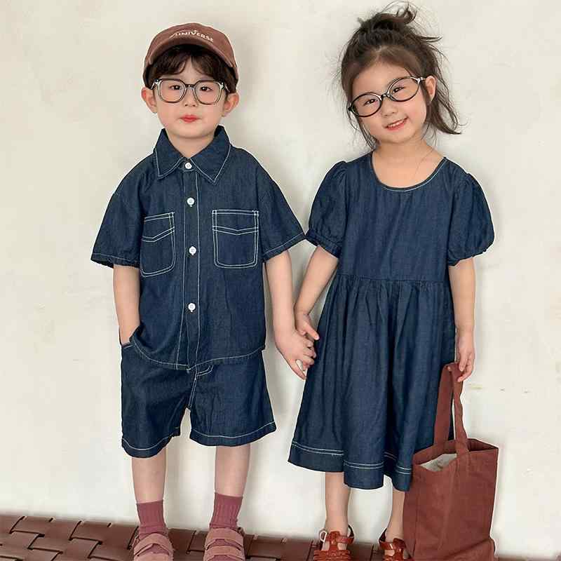 子供服 キッズ 夏 デニム セットアップ 男の子 女の子 兄妹 お揃い ワンピース カジュアル 普段使い 軽量 伸縮性 吸湿速乾 通年対応