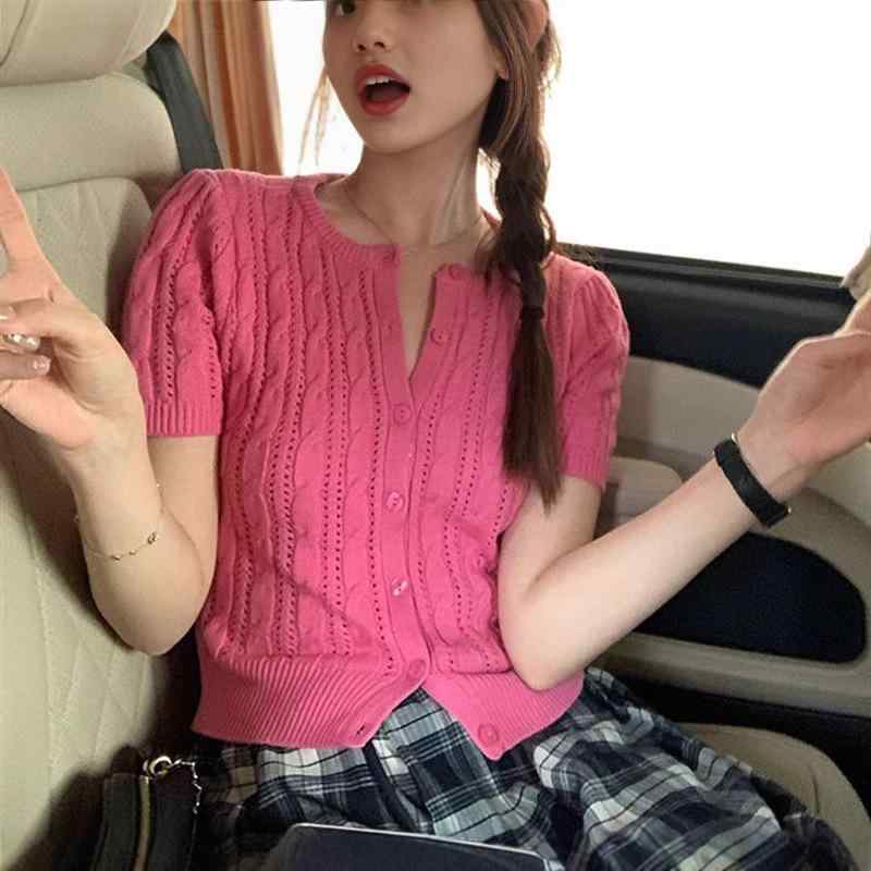 カーディガン 女性用 夏 半袖 ニット トップス ケーブル編み 透け感 薄手 かわいい フェミニン ファッション スタイル