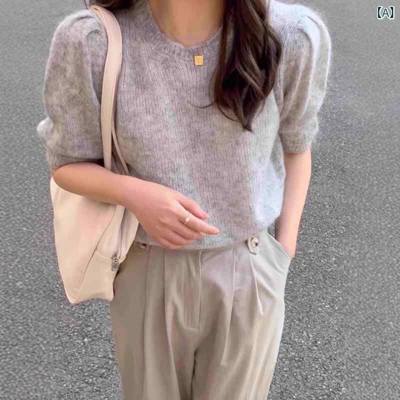 ティーシャツ レディース 春 羊毛 編み物 短袖 ゆったり すっきり影ぼうし 丸首 パフ衣袂 フレンチ表現スタイル 短丈 心地よい 軽さ 伸縮性