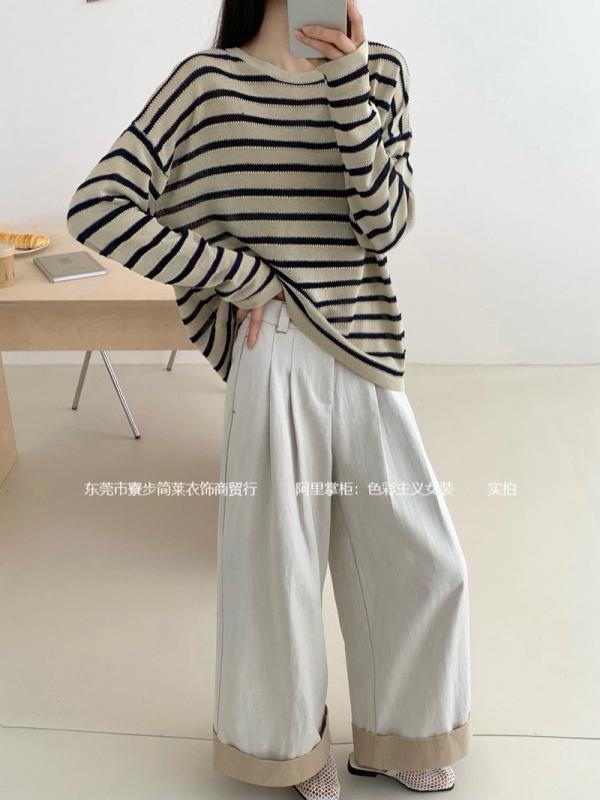 ニットトップス レディース 春夏 透かし編み 切り替え ストライプ クルーネック 長袖 ルーズ リラックス スリム カジュアル 伸縮性 軽量 吸湿速乾