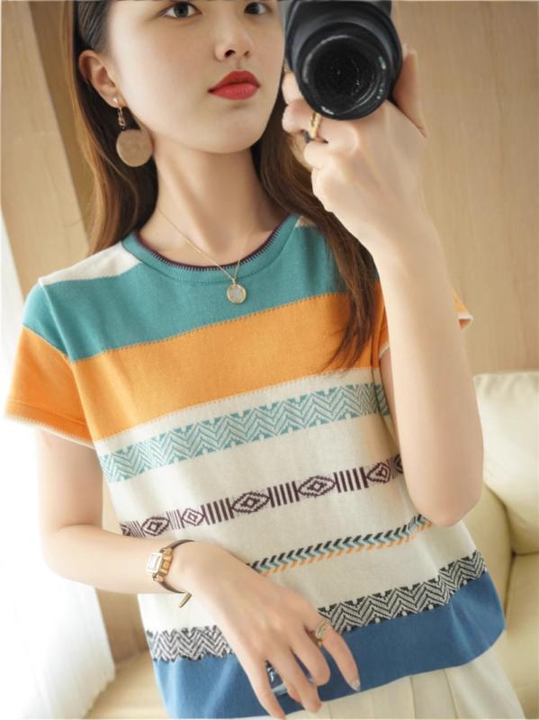 短袖Tシャツ レディース 夏用 綿麻素材 虹色ストライプ柄 ニット スリムシルエット コントラストカラー 軽量 吸湿速乾 カジュアル 普段使い トップス